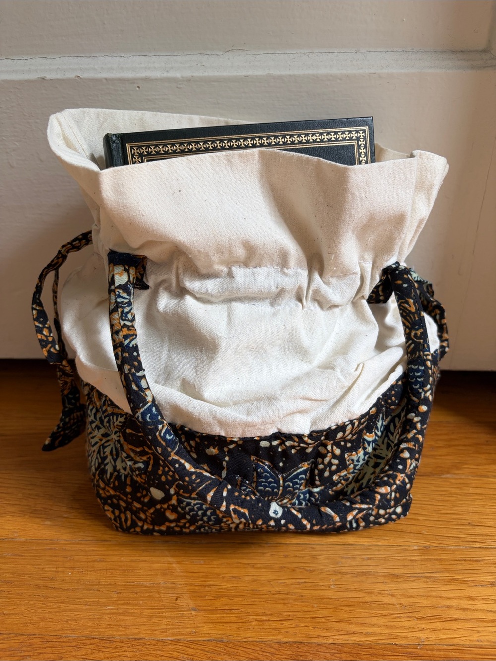 Handmade Cotton Canvas & Quilted Bottom Drawstring Mini Tote Bag